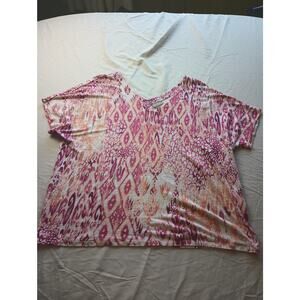 Chicos Pink Orange Ikat Animal Print 100% Linen V-Neck Knit Top Womens Size 3 XL